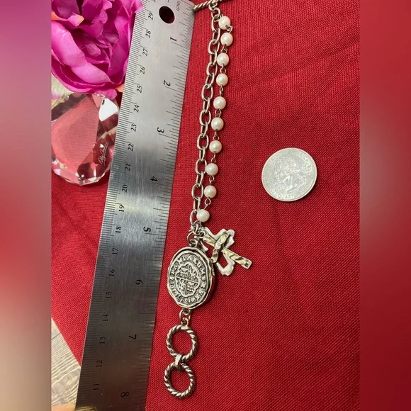 SoldVintage 80s Silver Tone Faux Pearl Cross And Medal Bracelet - Picture 4 of 4